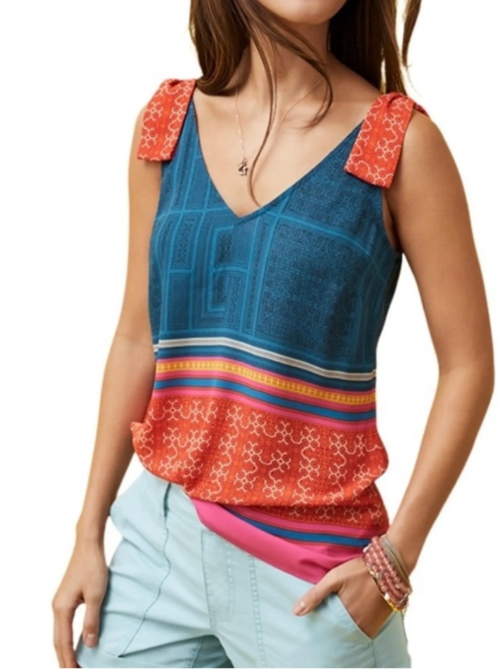 CAbi Colorblock V-Neck Tank Top in Blue & Coral